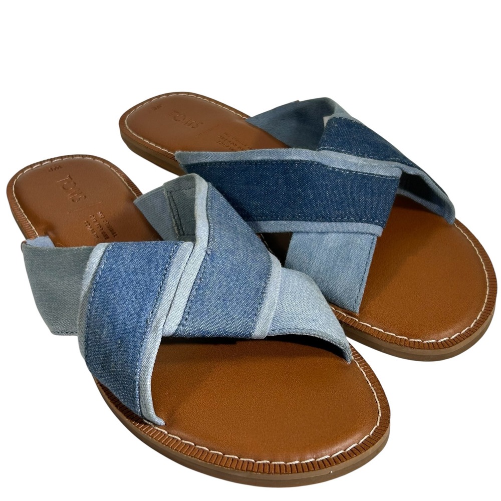 Toms Denim Crisscross Slide Sandals in Light and Dark Blue